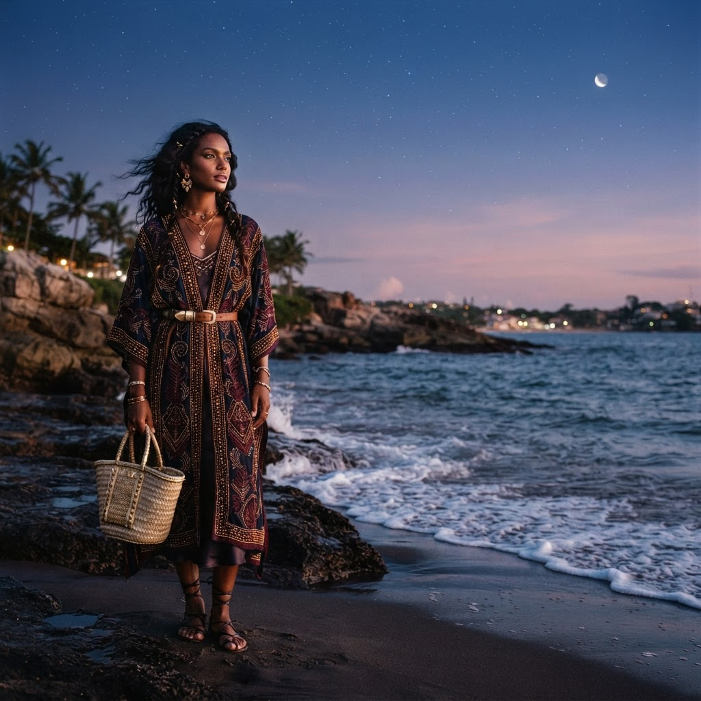 Mulher escolhendo um look de moda praia ao entardecer