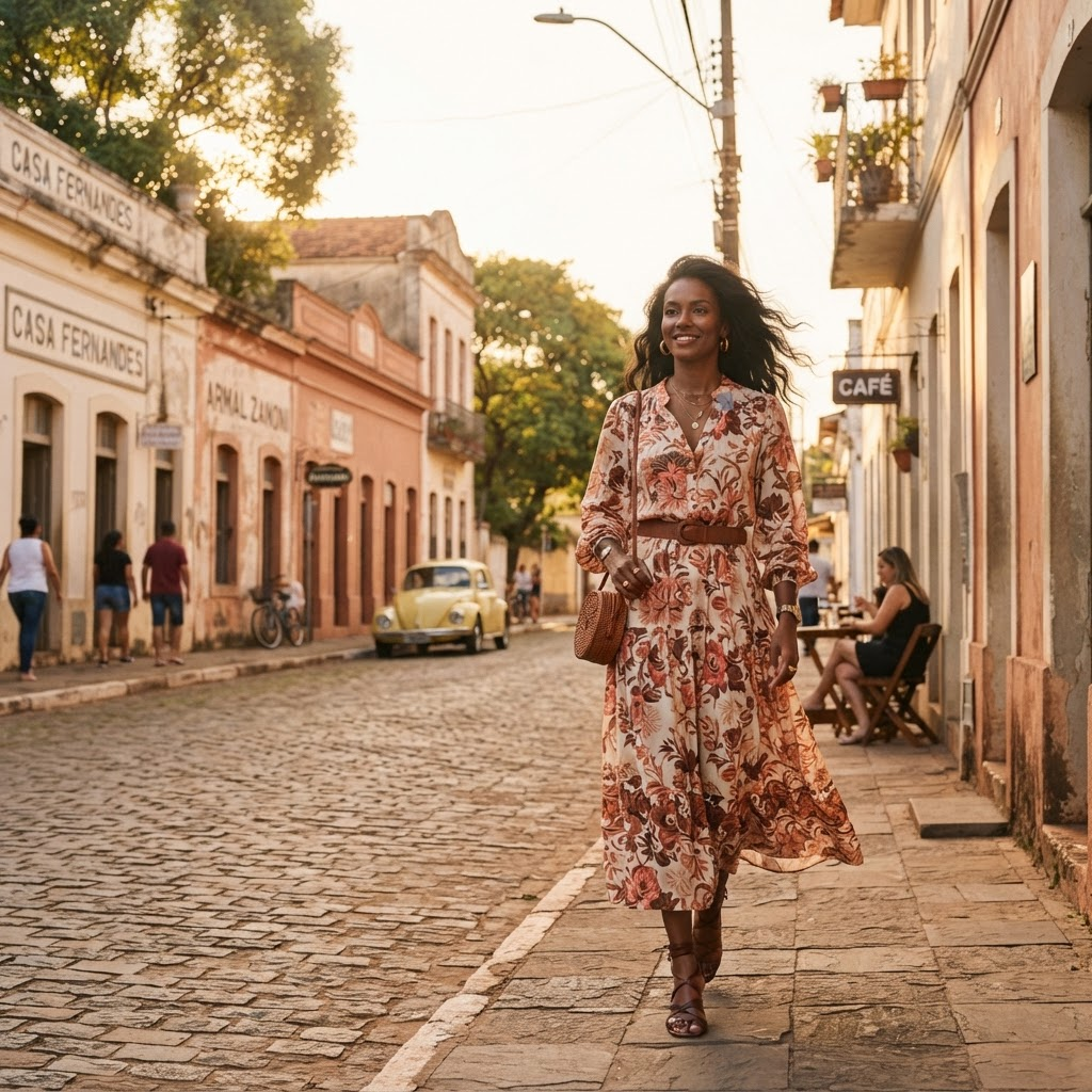 Mulher caminhando por uma rua de Adamantina ao entardecer