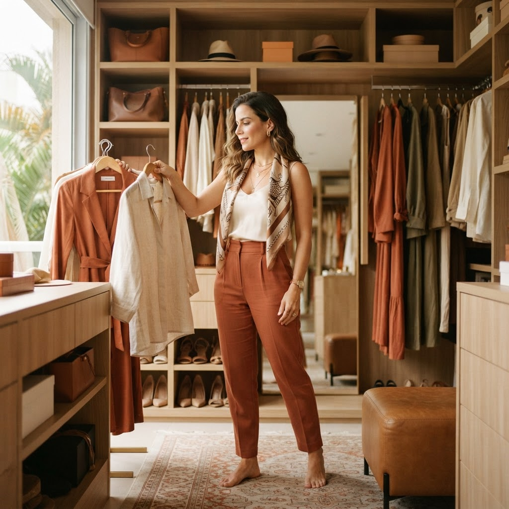 Mulher escolhendo uma produção em um guarda-roupa organizado