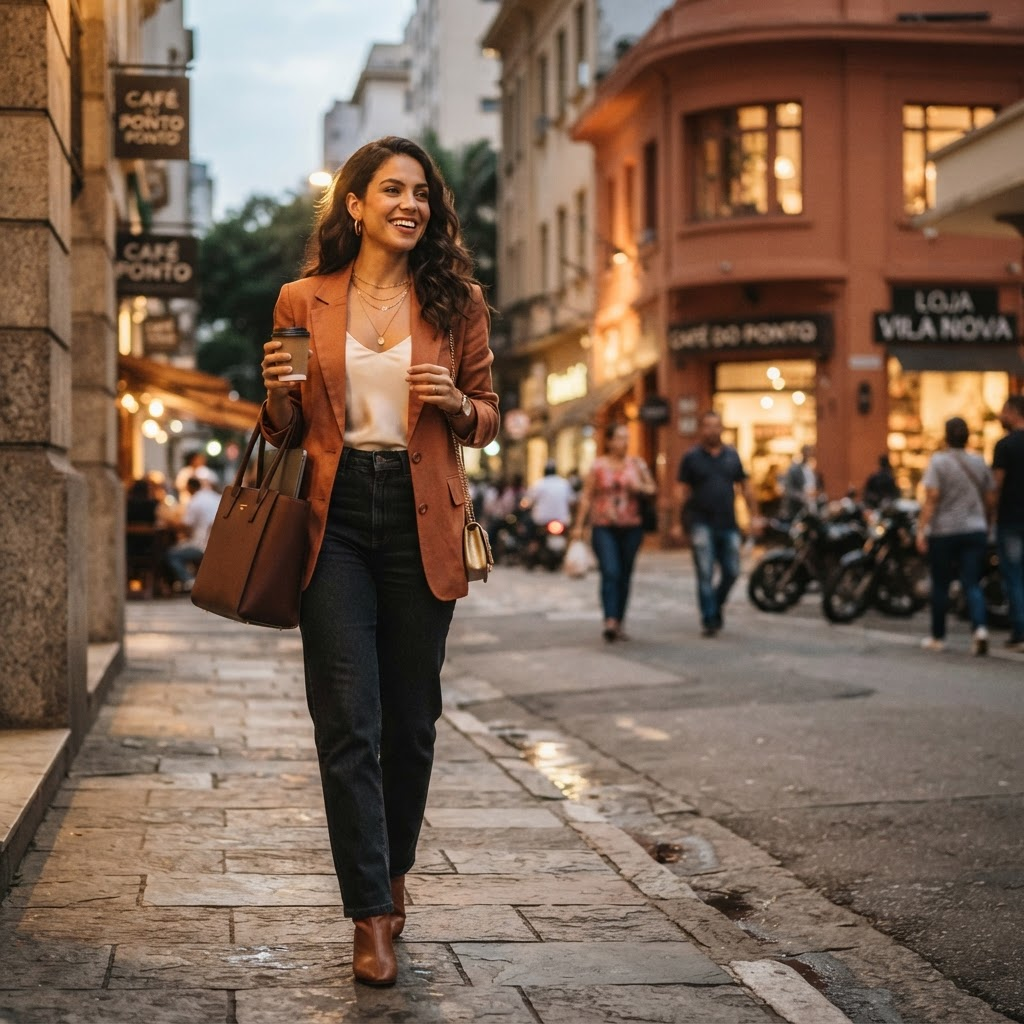 Mulher usando uma terceira peça em uma transição do trabalho para a noite