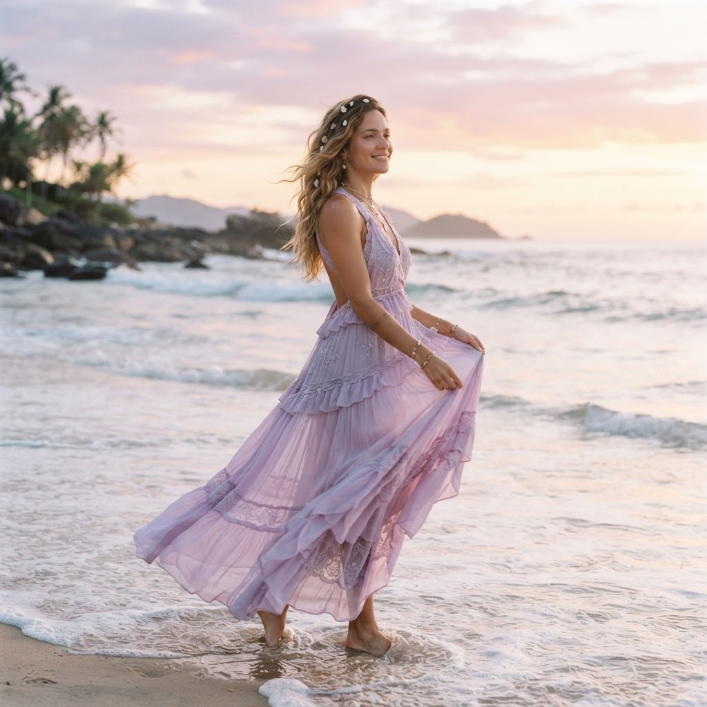 Mulher representando Peixes na moda praia 2026
